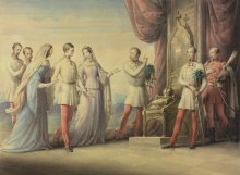 Leopold Kupelwieser: Erzherzogin Sophie geleitet ihren Sohn Franz Joseph zum Thron, Aquarell, 1848