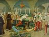 Emperor Franz Joseph at Elisabeth's coffin in the Imperial Crypt, oleograph, 20th century