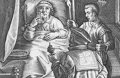 Jan van der Straet: Syphilis und ihre Behandlung, Stich, 16. Jhd.