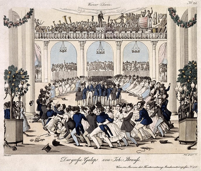 Andreas Geiger nach Johann Christian Schoeller: „Der große Galopp von Joh. Strauß“, 1839, kolorierter Kupfers…