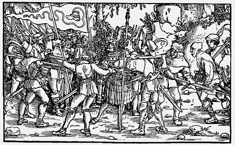 Rebellious peasants with a 'Bundschuh' banner, woodblock ...
