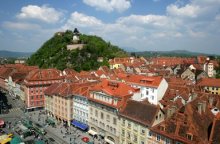 Graz's historic city with Clock Tower on Schlossberg
