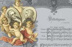 Bildausschnitt: Joseph Haydn: Kaiserhymne, Noten und Text „Gott erhalte Franz den Kaiser“, dazwischen Bildnis Kaiser Franz II./I., farbiger Druck, 19. Jahrhundert