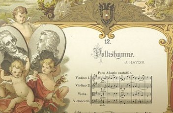 Joseph Haydn: Kaiserhymne, Noten und Text „Gott erhalte Franz den Kaiser“, dazwischen Bildnis Kaiser Franz II…