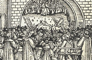 Menschenansammlung anlässlich Zurschaustellung der Reliquienschätze von St.Stephan 1502