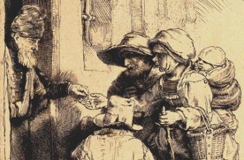 Rembrandt Harmenszoon van Rijn, Bettlerfamilie an der Haustür, Radierung, 1648