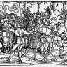 Aufständische Bauern mit Bundschuhfahne, Holzschnitt aus dem Trostspiegel, 1539